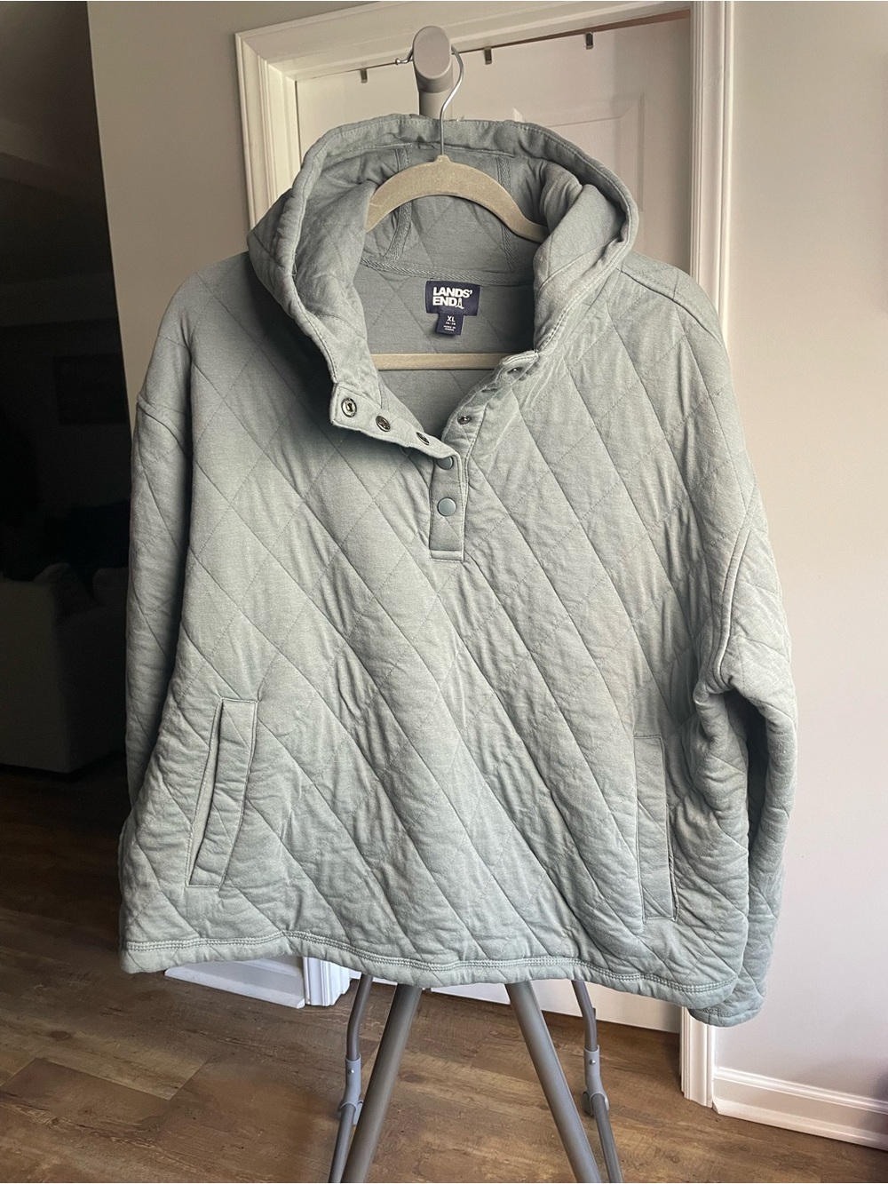 Lands' End Quilted Hooded Pullover Sweater in Sage